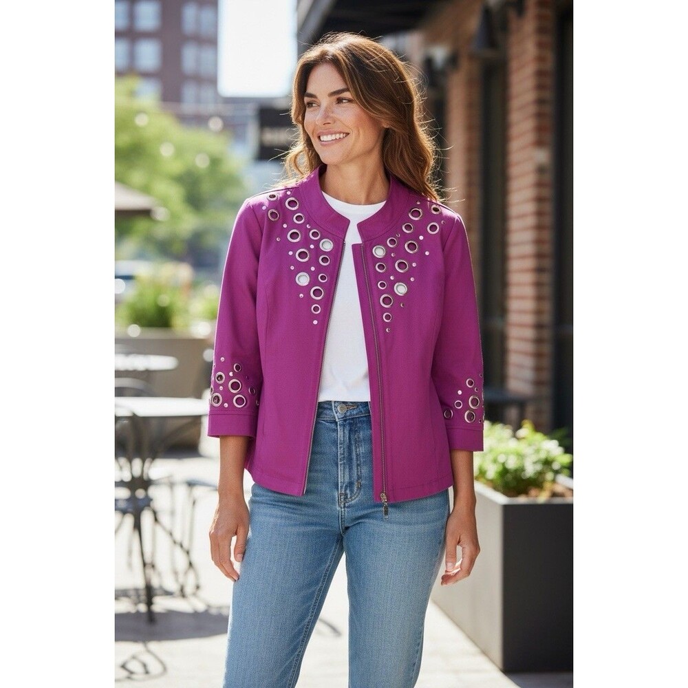 Bob Mackie Womens Small Zip Front Cotton Jacket Silver Grommets Pockets Berry